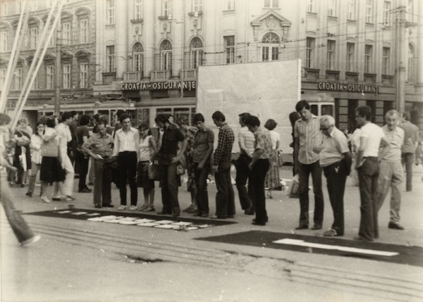 Group of Six Authors Exhibition action on the Republic Square Zagreb 17 19.7.1978 1978 bw photograph 104 x 147 mm Marinko-Sudac Collection. 